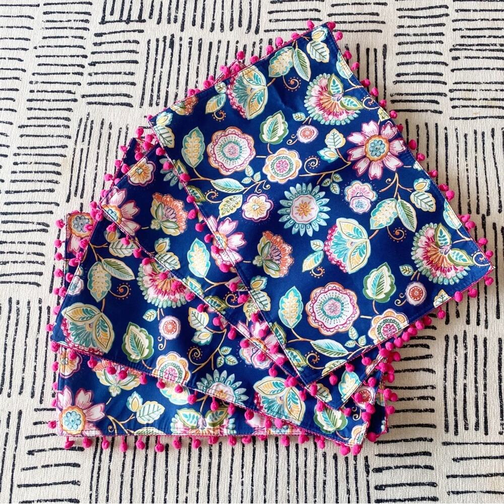 Max Studio Floral Print Pom Pom Trim Placemats Set of 4